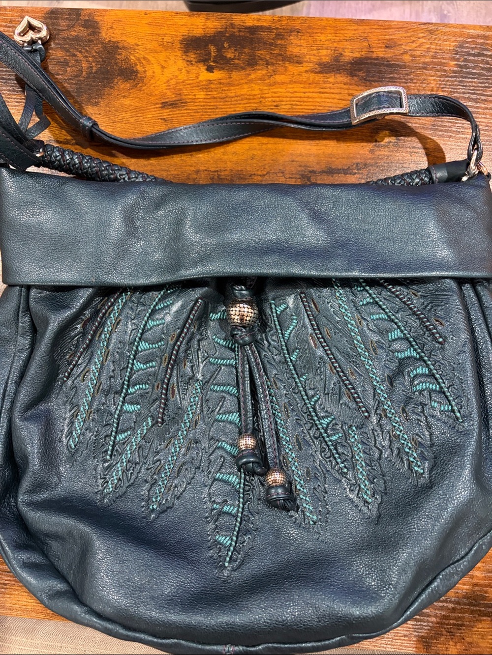 Brighton Black Leather Shoulder Bag with Teal Feather Embroidery